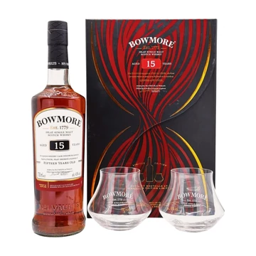 Bowmore 15 éves Ajándékcsomag 2 pohárral DRS (0,7 l, 43%)