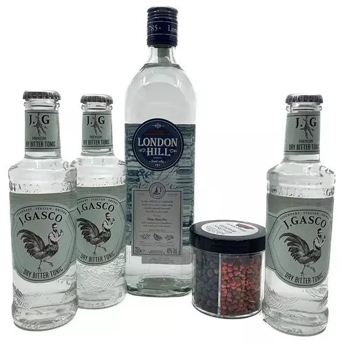 London Hill gin - J.Gasco Dry Bitter gintonic négy fajta fűszerrel (0,7L / 40% + 3x0,2L + 25g)