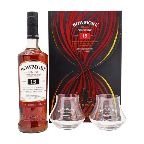 Bowmore 15 éves Ajándékcsomag 2 pohárral DRS (0,7 l, 43%)