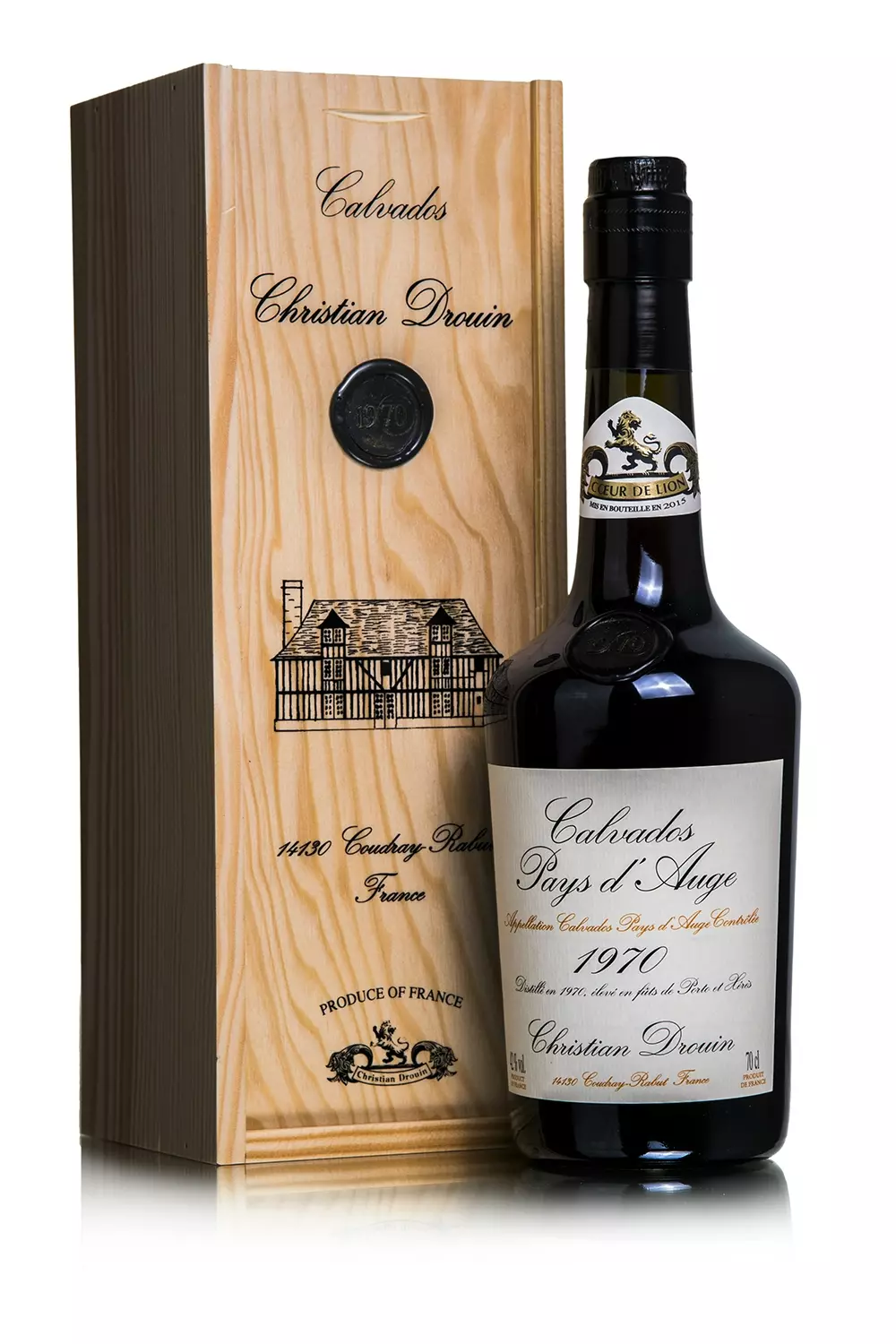 Christian Drouin calvados 1970 fadobozban (0,7L / 42%)